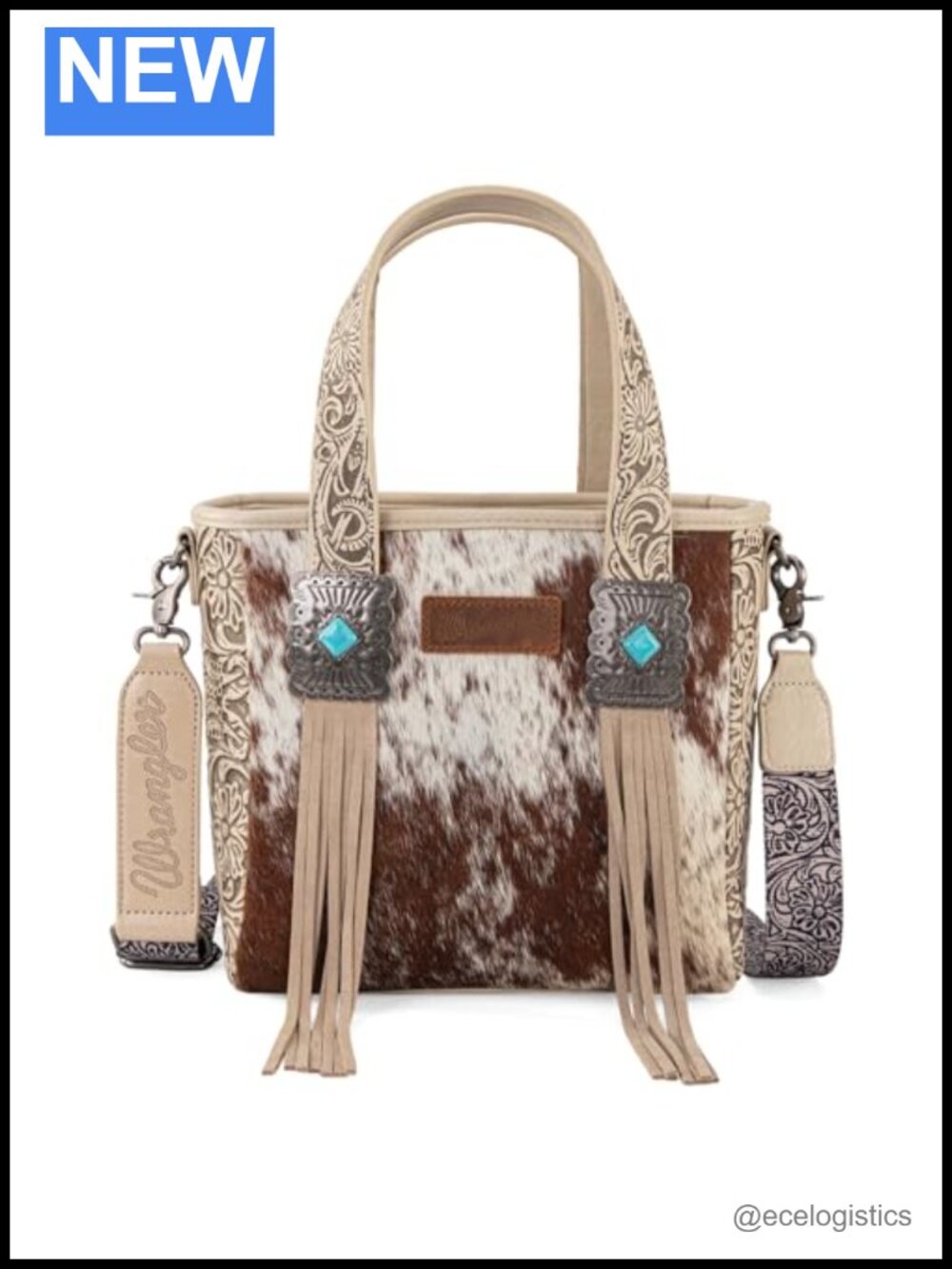 Western Cowhide Tote Handbag with Turquoise Stone Concho Leather Fringing